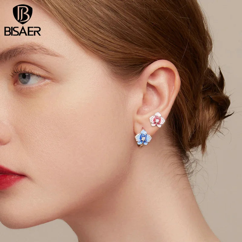Boucles d'oreilles à tige en argent sterling 925 BISAER en forme d'orchidée papillon rose avec zircons scintillants pour femmes, bijoux fins originaux de luxe pour fête