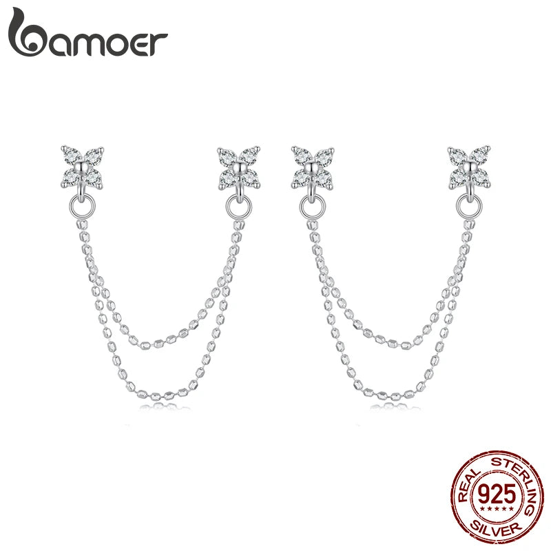 BAMOER 925 Sterling Silver Elegant Tassel Stud Earrings for Women, White Gold Plated Hypoallergenic Simple Earrings BSE1106