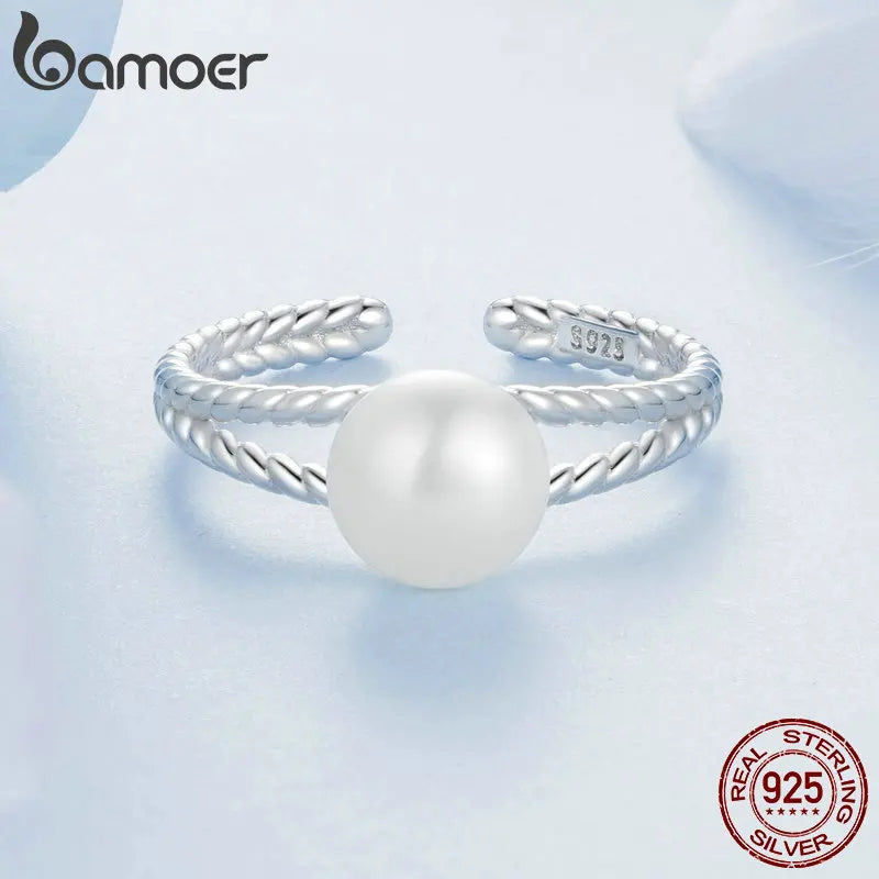 BAMOER 925 Sterling Silber Perlenringe für Frauen, verstellbare offene Drehringe für Teenager-Mädchen, stapelbarer Ring mit Süßwasserperlen