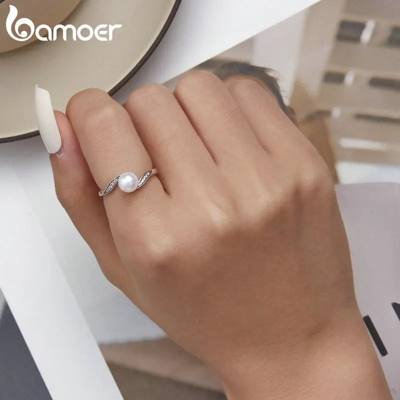 Bamoer 925 Sterling Silber Hochwertiger Muschelkern-Ring Geometrischer Ring Pave Setting CZ für Frauen Geburtstagsgeschenk Edlen Schmuck BSR304