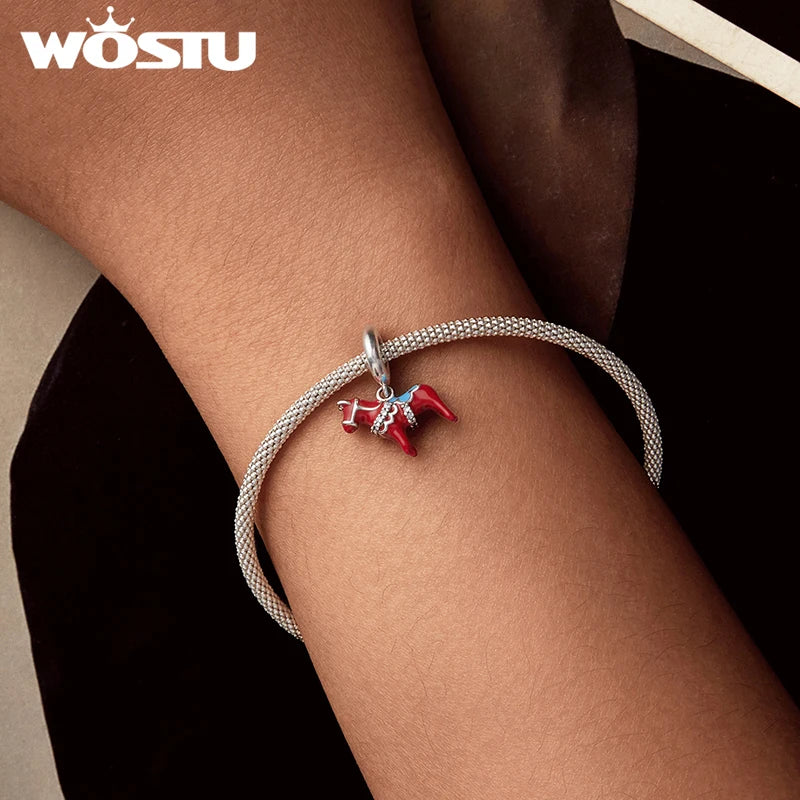 WOSTU 925 Sterling Silver Red Dalarna Horse Pendant Animal Charm Fit DIY Bracelet Necklace Women Family Daughter Jewelry Gift