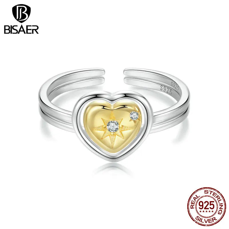 BISAER 925 Sterling Silber Herz offener Ring zweifarbig stapelbar Verlobungsring 18K vergoldet für Paar Jahrestag edler Schmuck