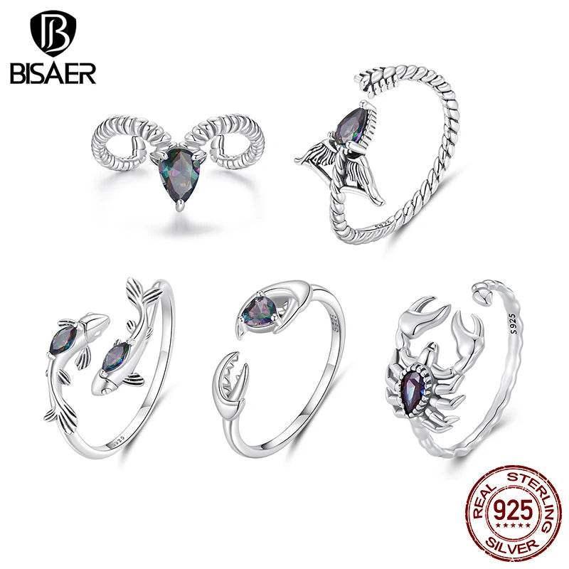 BISAER 925 Sterling Silver Constellation Open Ring Aries Pisces Sagittarius Cancer Scorpio Band for Women Party Fine Jewelry