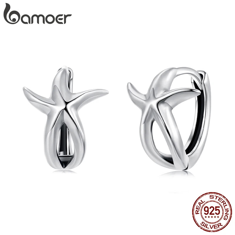 BAMOER Solid 925 Sterling Silver Starfish Hoop Earrings for Women Teens Starfish Small Hoop Earrings Huggie Small Beach Earrings