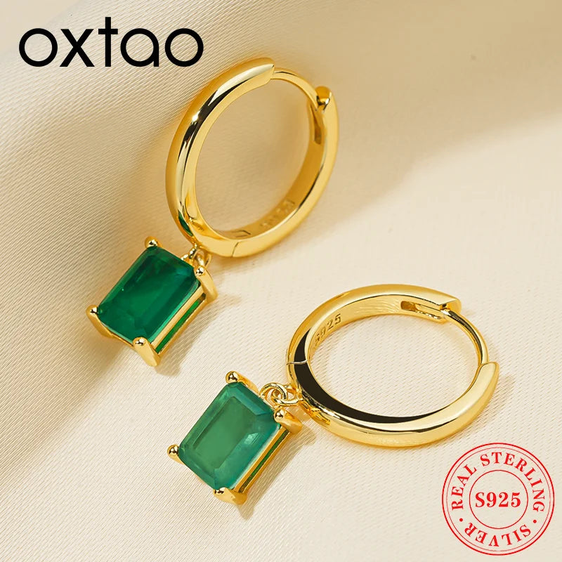 OXTAO 925 Sterling Silver 14K Gold Plated Gemstone Drop Hoop Earring Classic 7x5mm Emerald Earrings for Women Fine Jewelry Gift