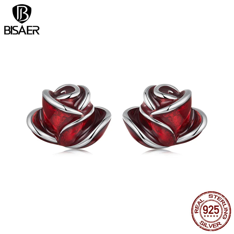 Boucles d'oreilles à tige en argent sterling 925 BISAER avec rose rouge et émail plaqué or blanc pour femme
