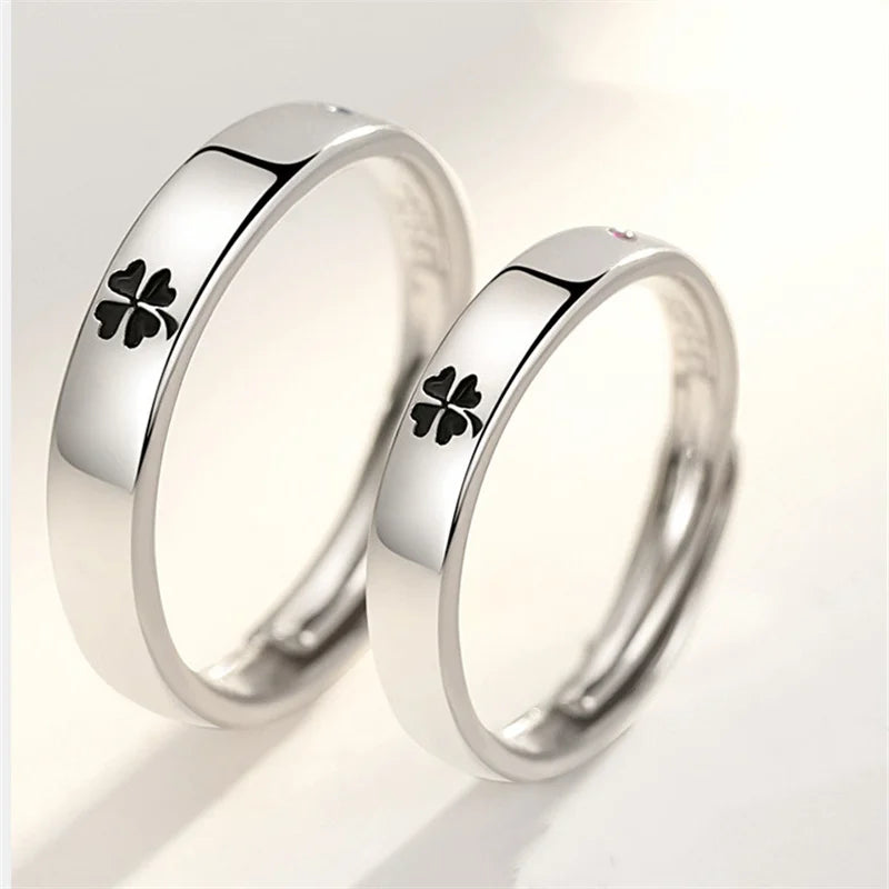 Classic Clover Black Flower Ring Silver 925 Women Jewelry Adjustable Fashion Zircon Couple Rings For Lover Wedding Accessories