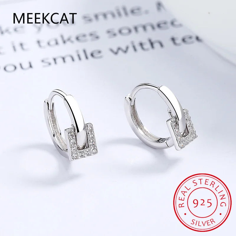 Real 925 Sterling Silver Zircon Round Square Hoop Earrings For Fashion Women Hiphop Fine Jewelry Minimalist Accessories