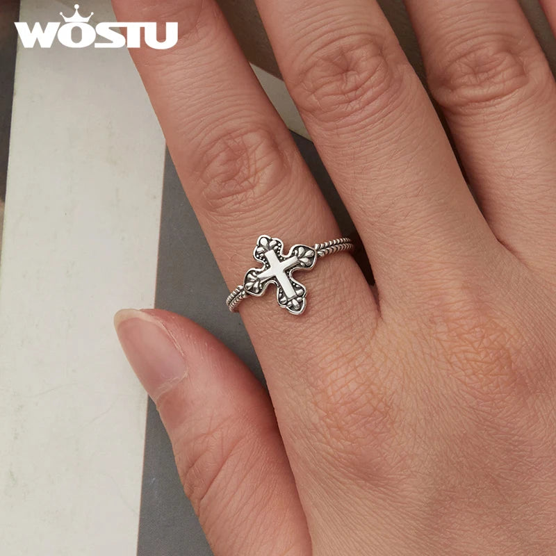 WOSTU 925 Sterling Silver Goth Vintage Cross Open Ring For Women Stylish Retro Adjustable Pray Rings Hip Hop Jewelry Gift