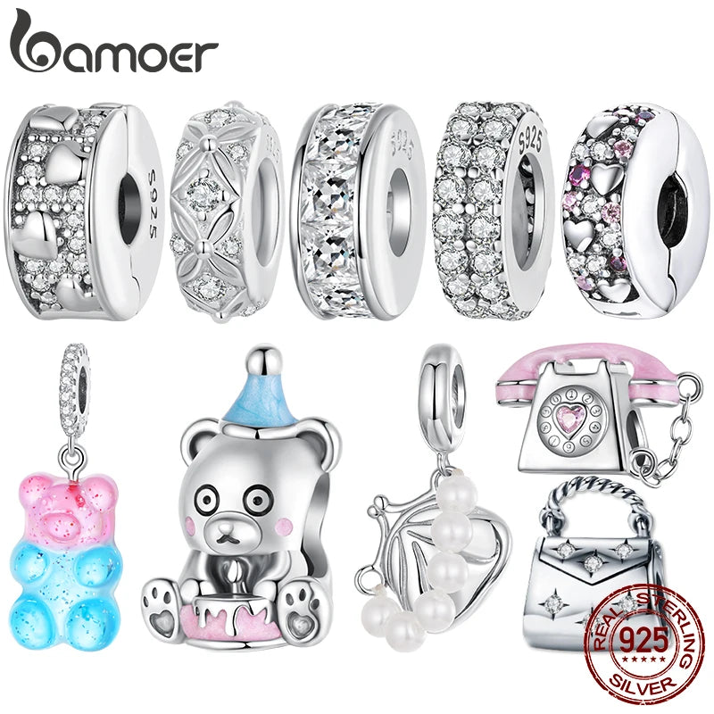 BAMOER Pink Birthday Cake Bear Charm Double-Layer Sparkling Silicone Spacer Beads Fit Original Bracelet DIY Jewelry Accessories