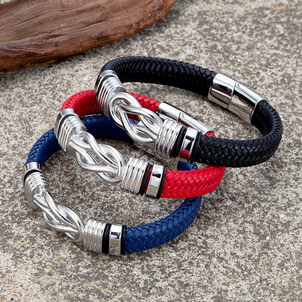 MKENDN Classic Men Infinity Knot Bracelet Woven Braided Leather Bracelets For Women Forever Linked Stainless Steel Jewelry Gifts