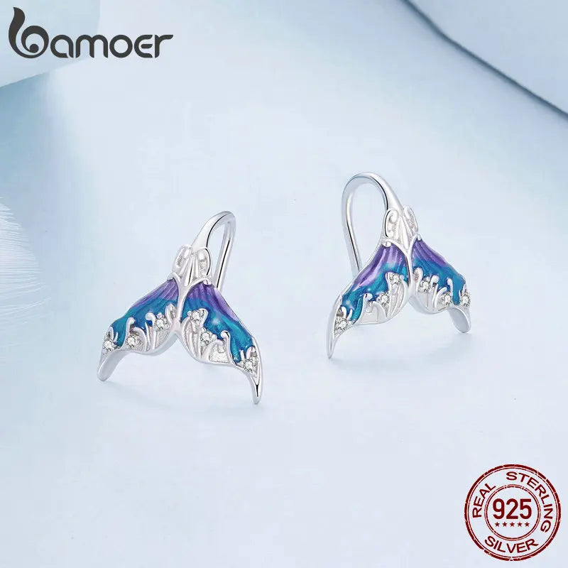 Bamoer 925 Sterling Silver Fantasy Mermaid Tail Earrings Blue Enamel Earrings for Women Party Fine Jewelry Gift