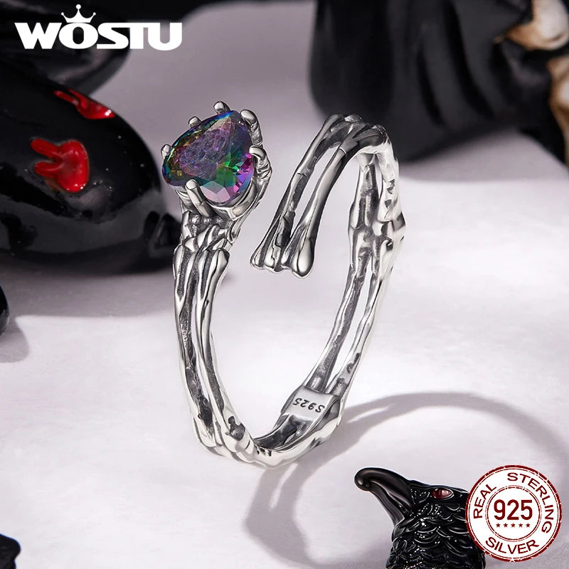 WOSTU 925 Sterling Silver Punk Skull Hand Open Ring With Rainbow Heart Crystal , Vinage Gothic Skeleton Rings Halloween Gift