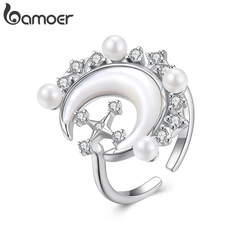BAMOER Luxuriöse verstellbare Ringe mit Stern und Mond, Weißgold plattiert, Halbmond, Sterne, offener Ring, Schmuck für Frauen, Statement-Ring