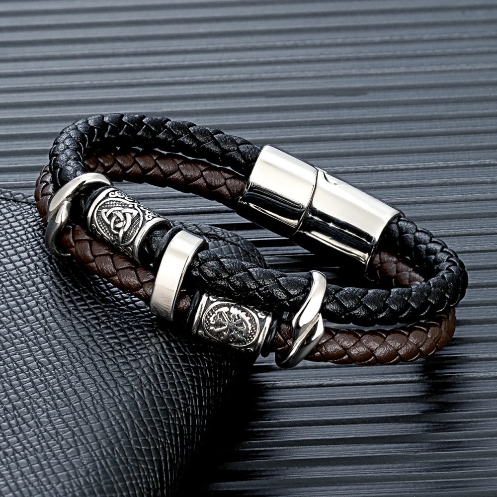 MKENDN Punk Viking Style Stainless Steel Compass Norse Runes Amulet Beads Braided Multilayer Leather Bracelet Homme Pulseras - Madeinsea©