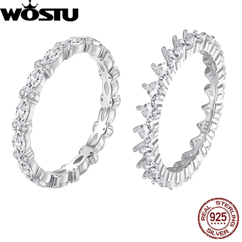 WOSTU 925 Sterling Silver Sparkling Heart Band Ring Single Side Ring Zircon White Gold for Women Wife Anniversary Fine Jewelry