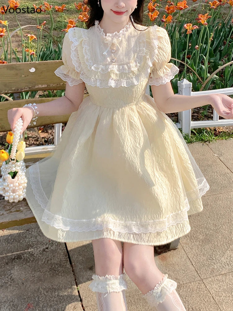 Summer Sweet Lolita Style Princess Dress Women Elegant Chic Puff Sleeve Lace Ruffles Kawaii Mini Dresses Korean Girly Vestidos