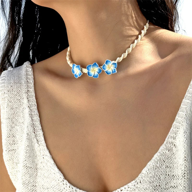 New Bohemian Big Flower Necklace For Women Red Yellow Green Flowers Braided Necklace Girls Beach Party Wedding Charm Jewelry