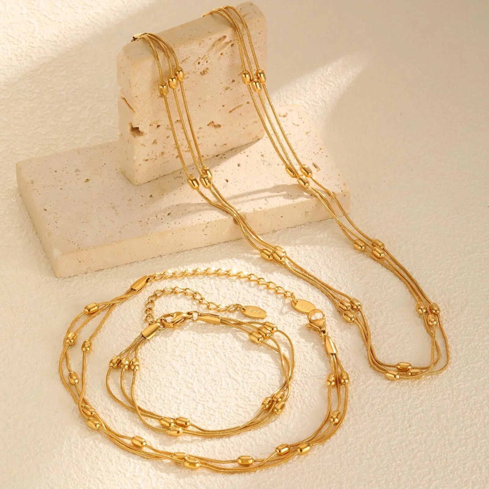 Vnox Summer Stainless Steel Three-layer Snake Chain Anklets For Women Gold Color Circle Bead Foot Hand Jewelry Fashion Style