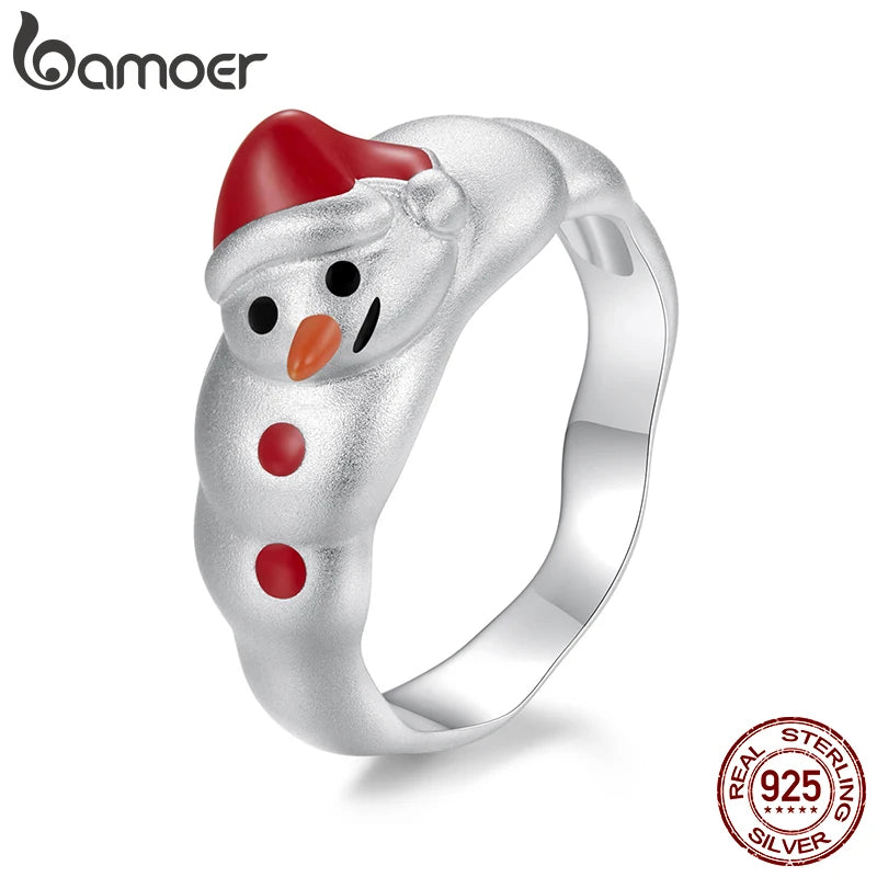 BAMOER Christmas Snowman Band Ring for Women, Christmas Red Cute Xmas Finger Ring For Girl Fashion Jewelry Gift SCR1080