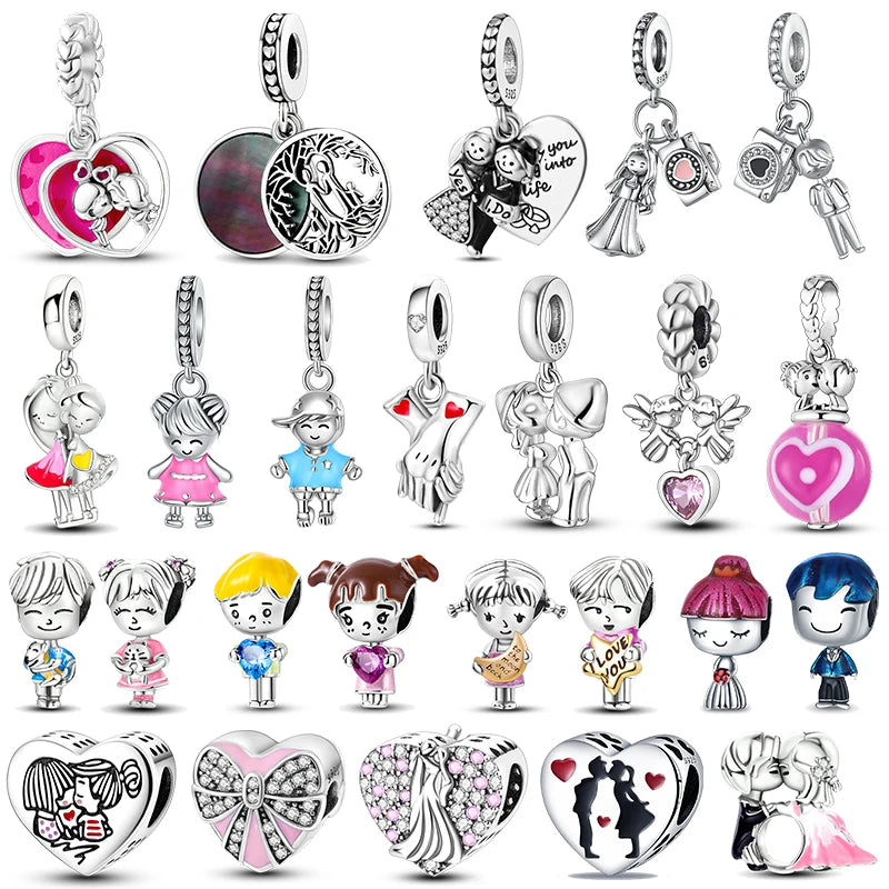 925 Sterling Silver Boy Girl Couple Lovers Beads Marriage Charms Dangle Fit Original Bracelet Charms Jewelry Women DIY