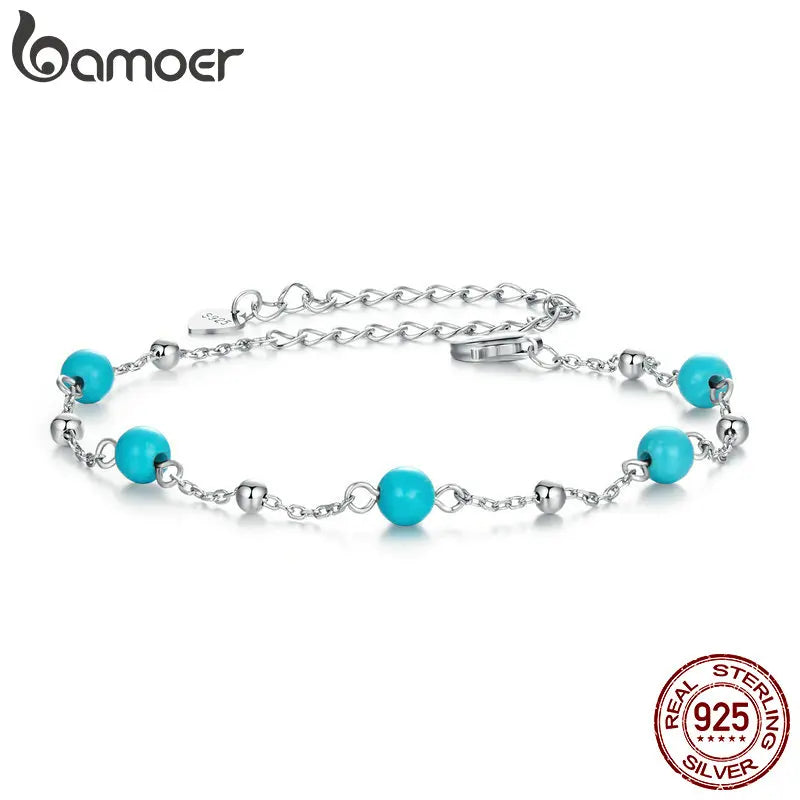 BAMOER 925 Sterling Silber Türkis Perlenarmband Gliederkette, Weißgold plattiert, zierliches handgefertigtes Schmuckgeschenk für Frauen