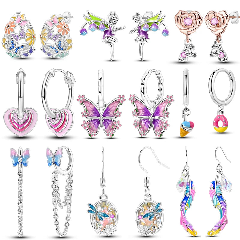 Spring Series Earrings For Women 925 Silver Butterfly Elf Dragonfly Flower Rose Ear Studs Earrings Fine Valentine's Day Jewelry