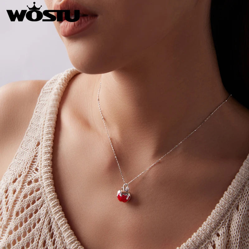 WOSTU 925 Sterling Silver Red Apple Pendant Necklace For Women,Openable Pendants with Heart Inside Unique Xams Jewelry Gift
