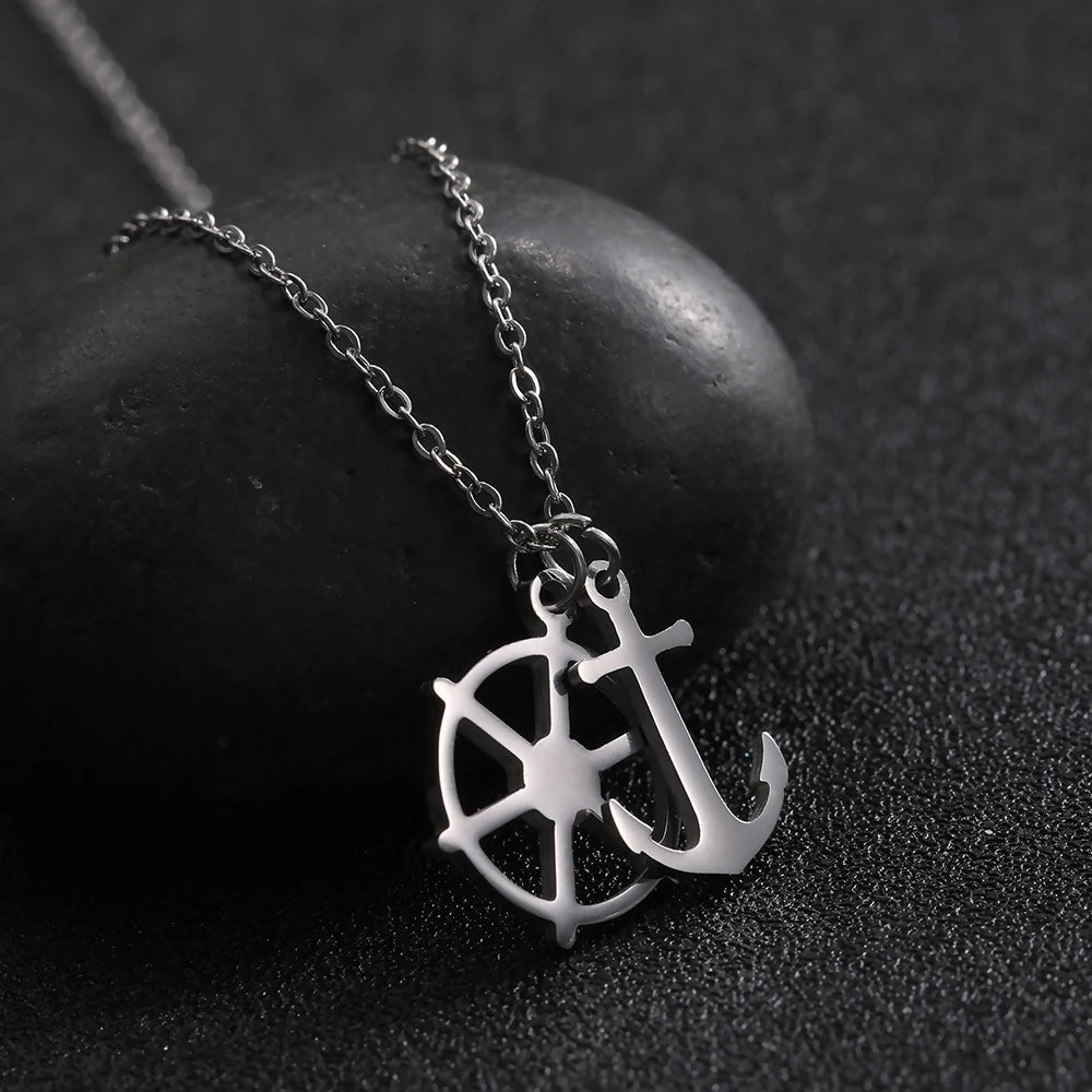 Dreamtimes Rudder And Anchor Double Pendants Necklace For Men Women High Quality Stainless Steel Chain Retro Pirate Jewelry 2023