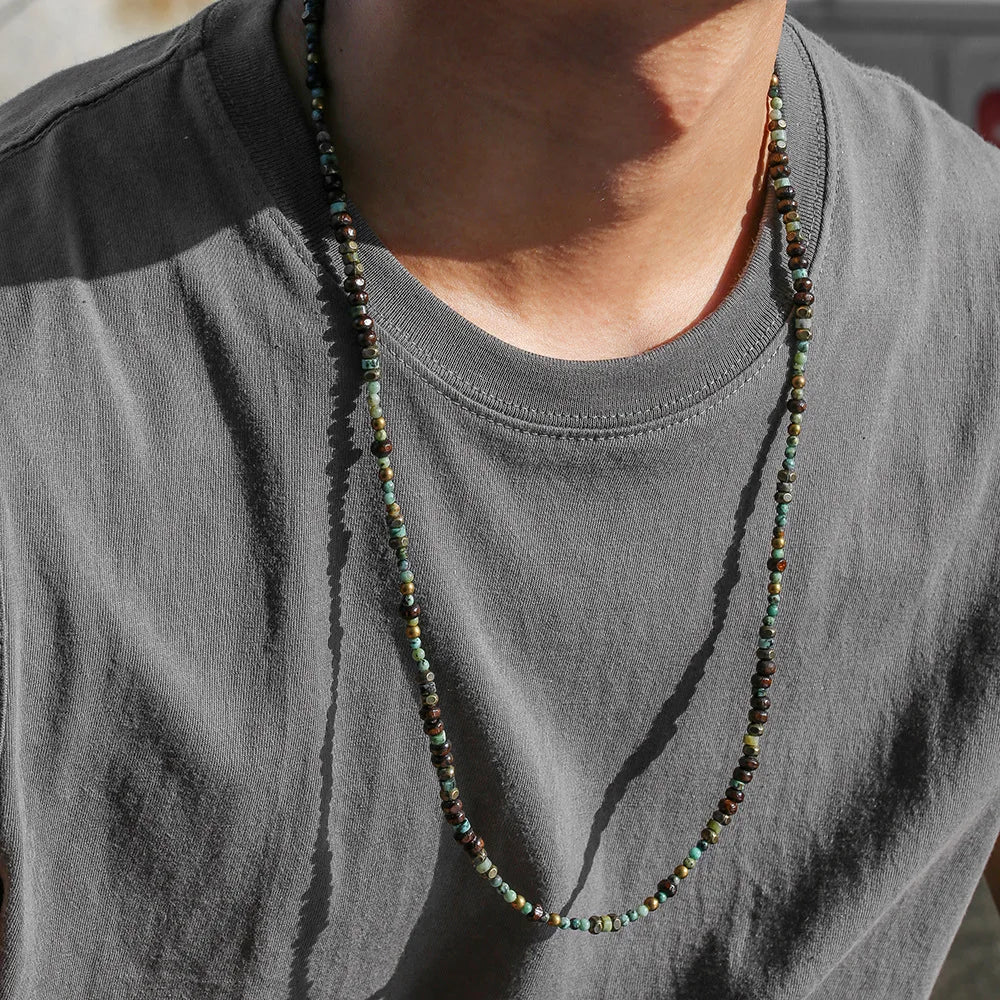 1PC INGX Men's Ethnic Style Africa Stone Necklace for Men Hippie Bohemia Long Beaded Necklace Man Tribal Jewelry Collar Hombre