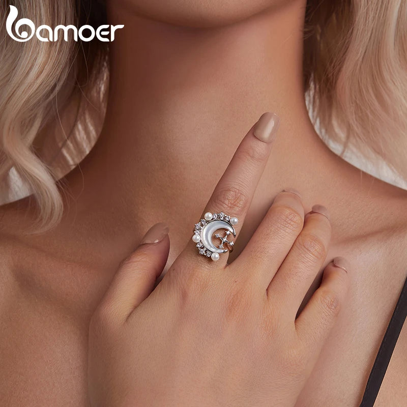 BAMOER Luxuriöse verstellbare Ringe mit Stern und Mond, Weißgold plattiert, Halbmond, Sterne, offener Ring, Schmuck für Frauen, Statement-Ring