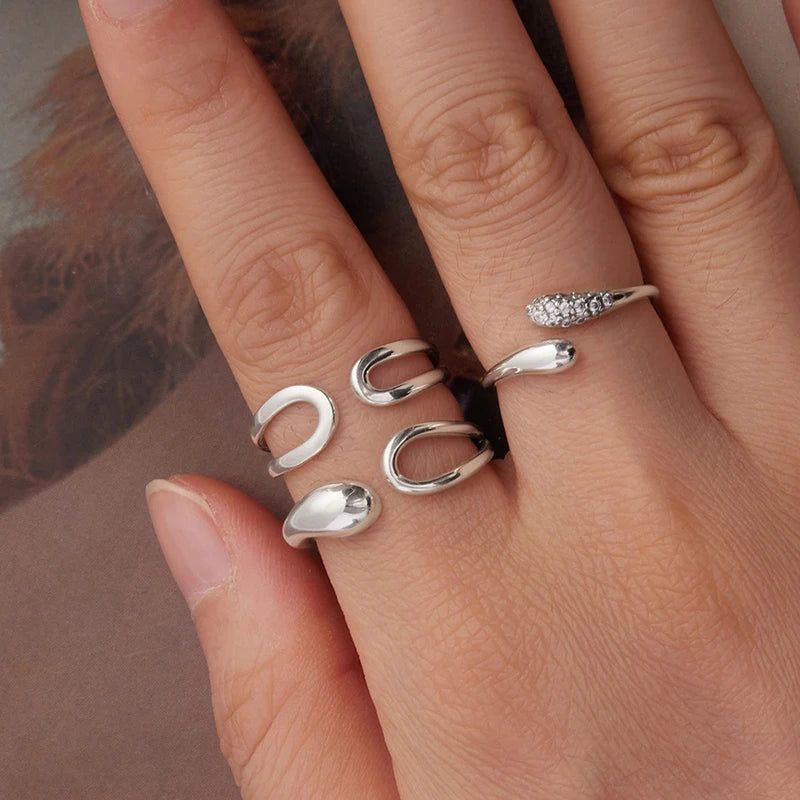 WOSTU 925 Silver Teardrop Double layer Open Ring For Women Stackable Simple Adjustable Rings U Style Zircon Party Anillos Punk