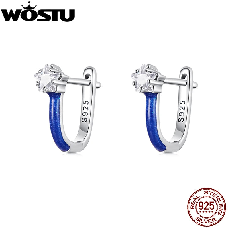 WOSTU 925 Sterling Silver Star Zircon Huggies Earrings For Women, Simple Blue Enamel process Ear Buckles Party Daily Wear Gift