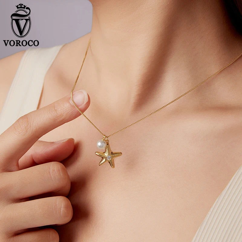 BISAER 925 Sterling Silver Starfish Pearl Pendant Adjustable Chain Plated 14K Gold for Woman Party Summer Beach Fine Jewelry