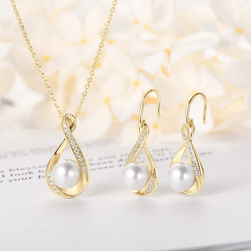 OXTAO 925 Silver Infinity Pendant Necklace Freshwater Pearl Earrings Jewelry Set for Women Moissanite Natural Freshwater Pearl