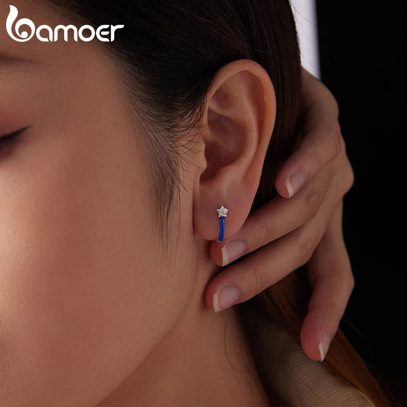 BAMOER U Shape Star Ear Buckles Blue Enamel Hypoallergenic Stud Earrings for Women Teen Girls Bright Pave CZ Jewelry Gift