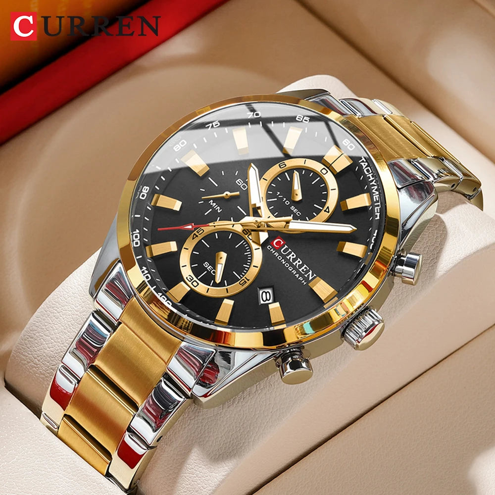 CURREN Casual Sporty Brand Stainless Steel Band Wristwatches for Men New Chronograph Quartz Watches with Date 8445