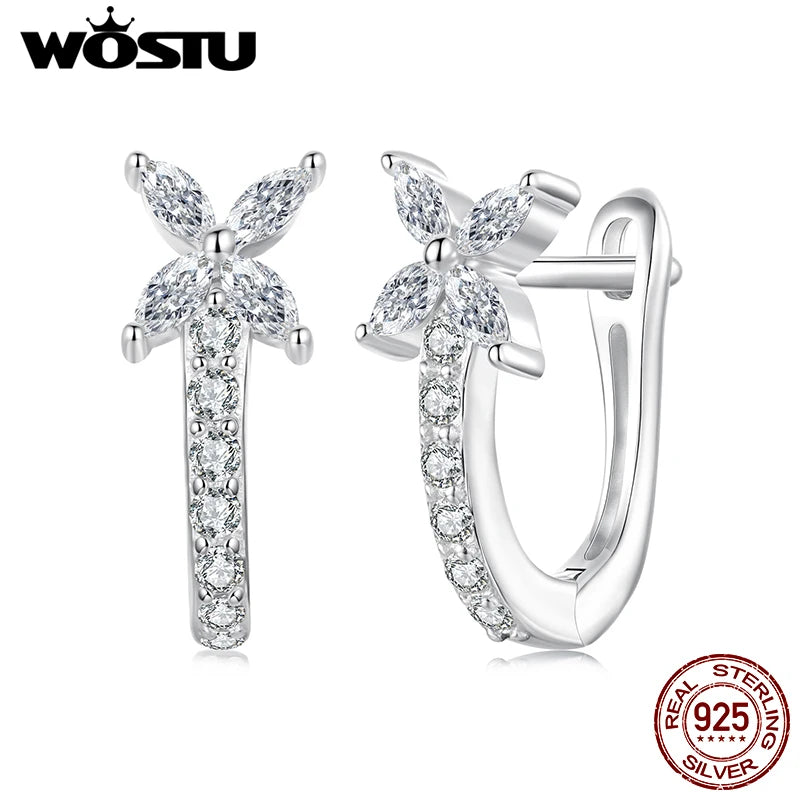 WOSTU 925 Sterling Silver AAA CZ Flower Huggies Earrings For Women Full Zircon Wedding Engagement Hoop Earrings Party Gift