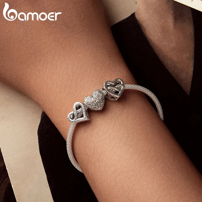 BAMOER Solid 925 Sterling Silver Retro Pattern Heart Charm Bead fit Original Bracelet & Necklaces Jewelry DIY bamoer Heart Charm