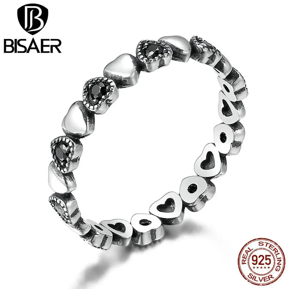 BISAER 925 Sterling Silver LOVE Heart Wedding Ring Jewelry STAR Footprints Silver 925 Finger Rings For Women Engagement Anel