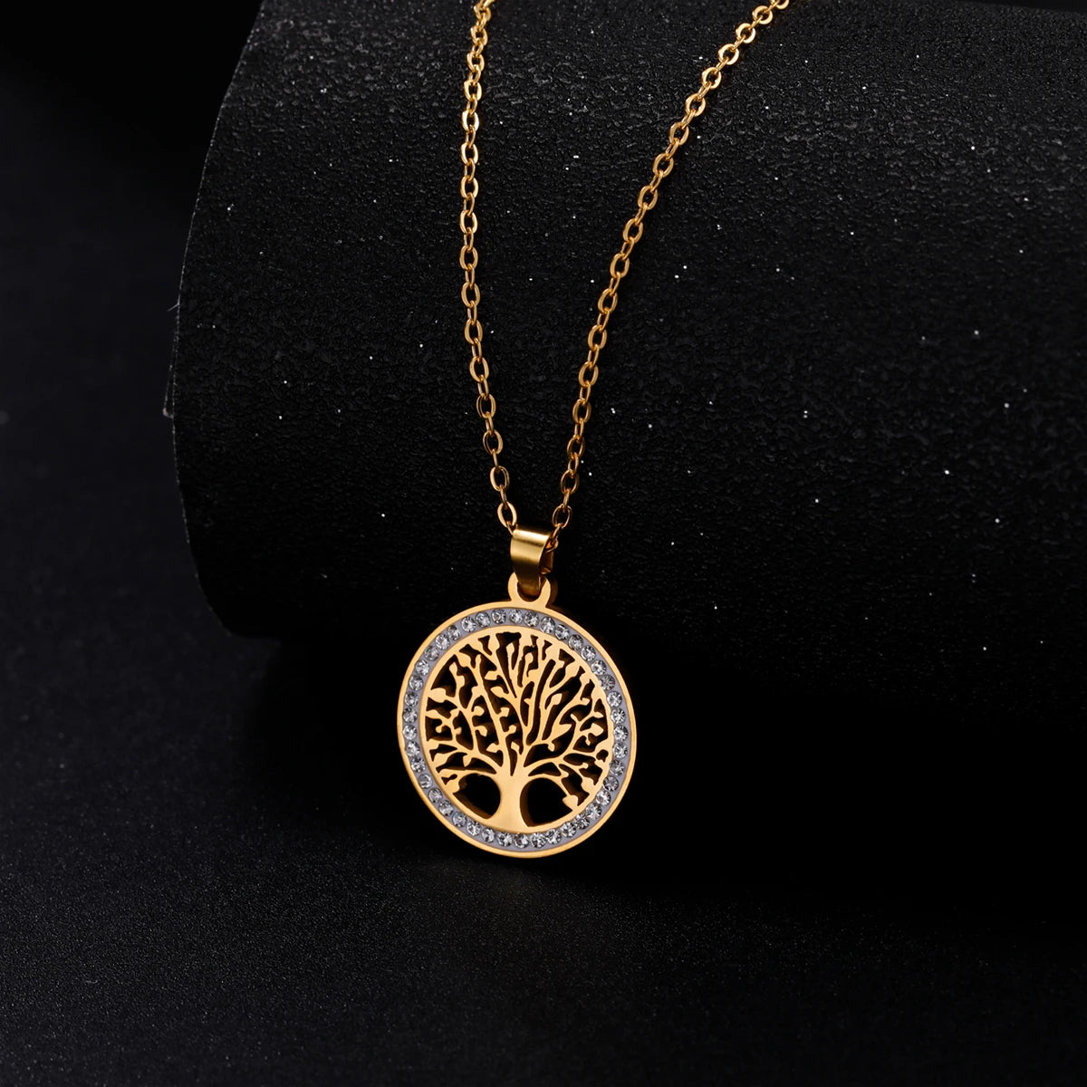 Dreamtimes Tree of Life Necklace for Women Stainless Steel Clear Zircon Round Pendant Neck Chain Fashion Charm Luxury Jewelry