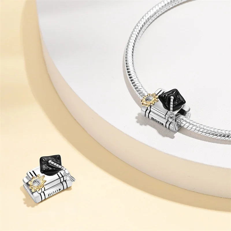New 925 Silver Trencher Cap Graduation Season Charms Beads Fit 3mm 925 Original Bracelets DIY Unique Jewelry Graduation Gift