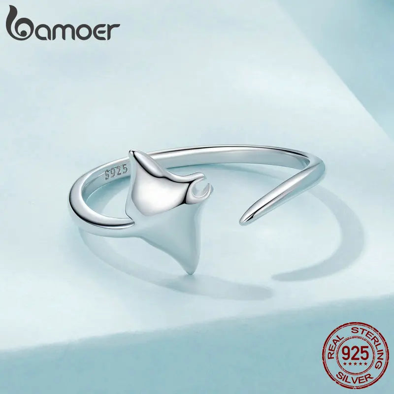 BAMOER 925 Sterling Silber Vivid Manta Offener Ring Meerestier Verstellbarer Ring für Frauen Statement Ring Schmuck Geschenk SCR1037-E