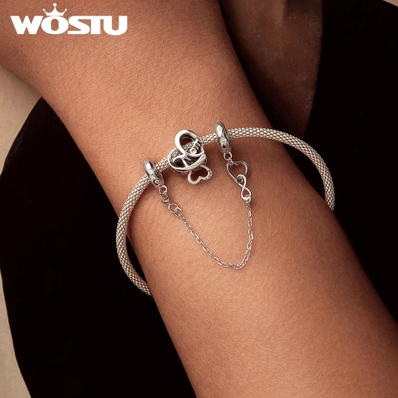 WOSTU Mother Day Gift 925 Sterling Silver Baby Foot Charm Letter Mom Love Beads Red Heart Pendant Fit DIY Bracelet Necklace