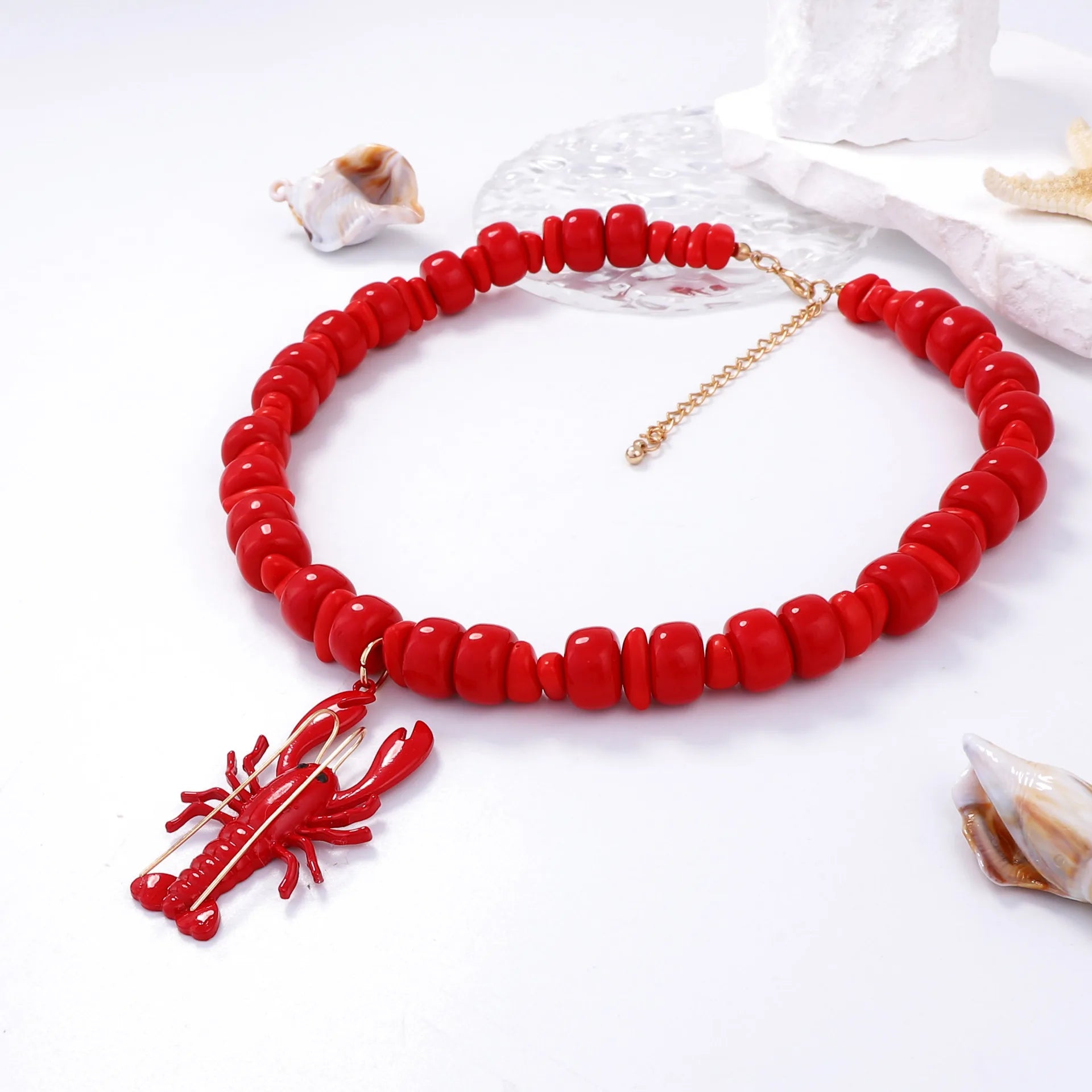 Fashion Beach Ocean Vacation Style Alloy Spray Painted Lobster Pendant Bead Necklace