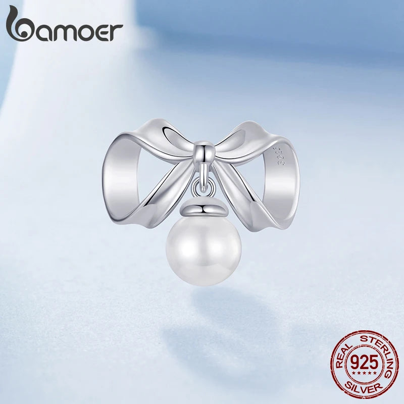 BAMOER Solid 925 Sterling Silver Pearl Bowknot Charm Bead fit Original Bracelet & Necklaces Jewelry DIY bamoer Charm BSC1088