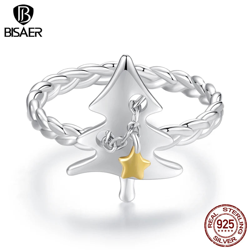 BISAER 925 Sterling Silber Weihnachtsbaum Offener Ring Zweifarbig Verstellbares Band Vergoldet Weißgold Für Damen Party Edler Schmuck