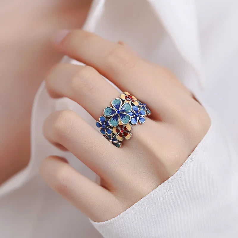 Retro Chinese Cloisonne Blossom Flower Ring For Women Punk Gothic Vintage Open Ring Handmade Designer Jewelry Unisex Accessories