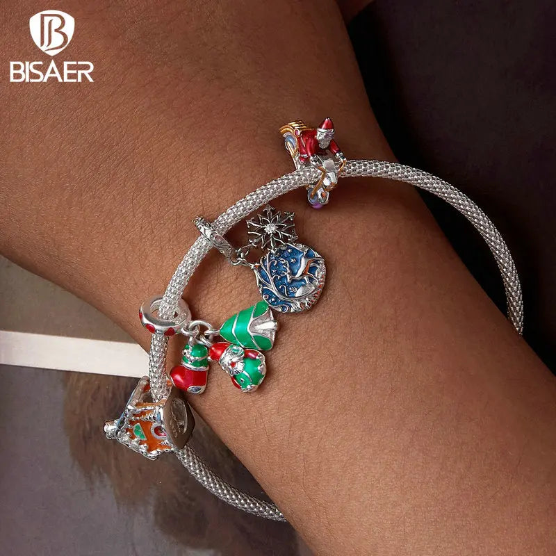 BISAER 100% 925 Sterling Silver Luminous Christmas Charm Bead Santa Claus Elk Pendentif Pour Femmes DIY Bracelet Fine Jewelry Cadeau