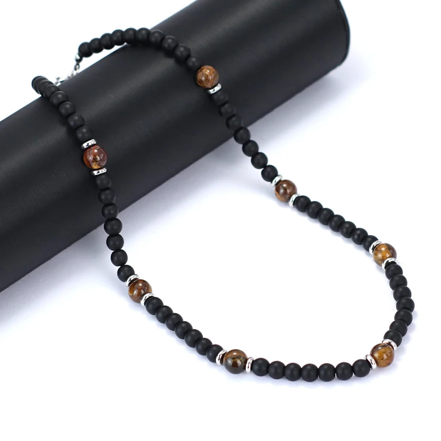 Stylish Natural Stone Necklace For Men Lava Tiger Eyes Howlite Hematite Healing Neck Accessories Hombre Stainless Steel Buckle